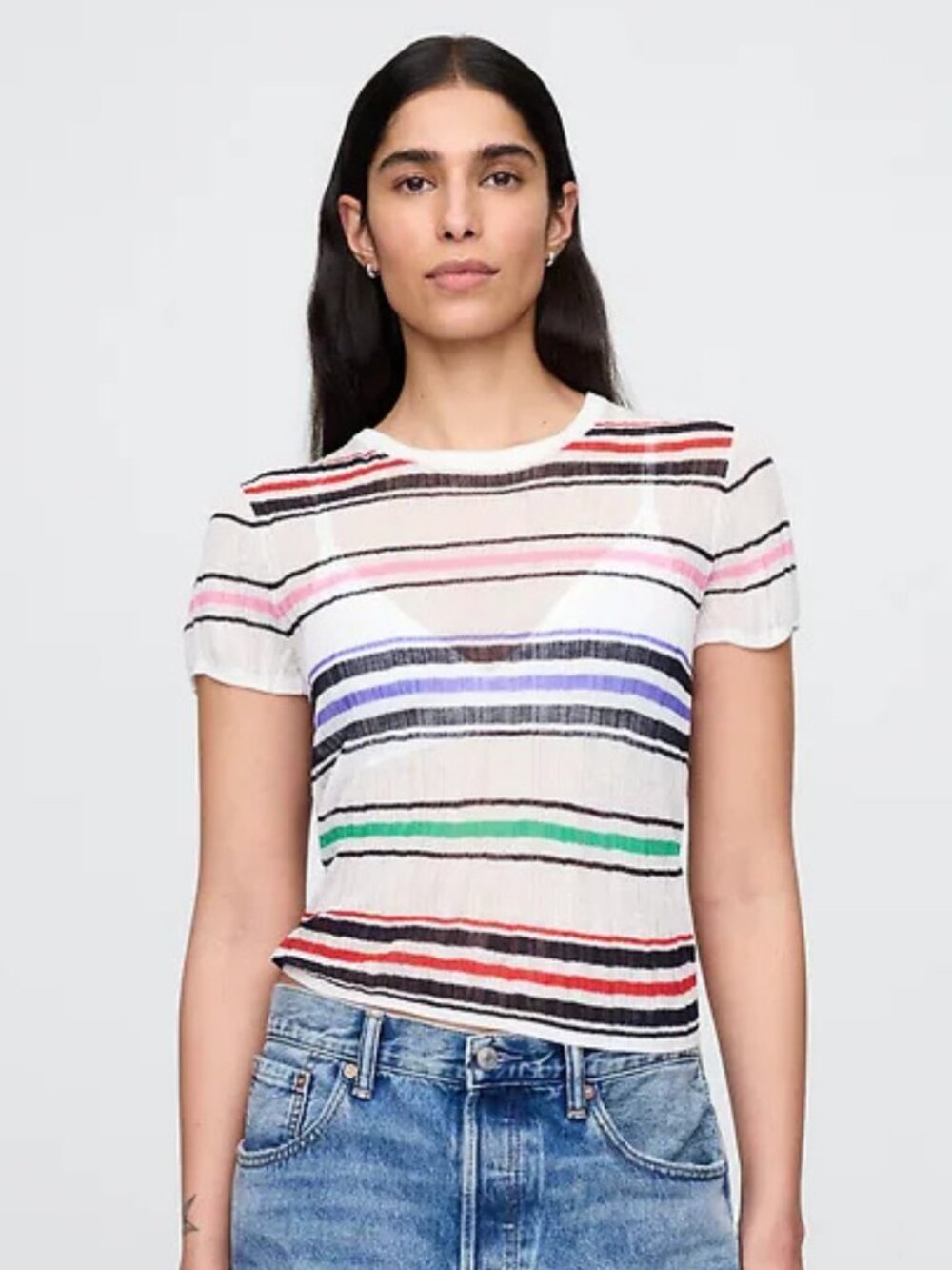 Gap Sheer Rib Sweater T-Shirt White Multi Stripe NWT Size M